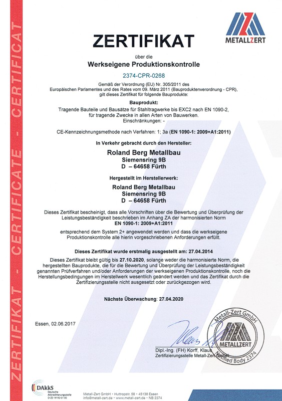 Zertifikat über die Werkseigene Produktionskontrolle